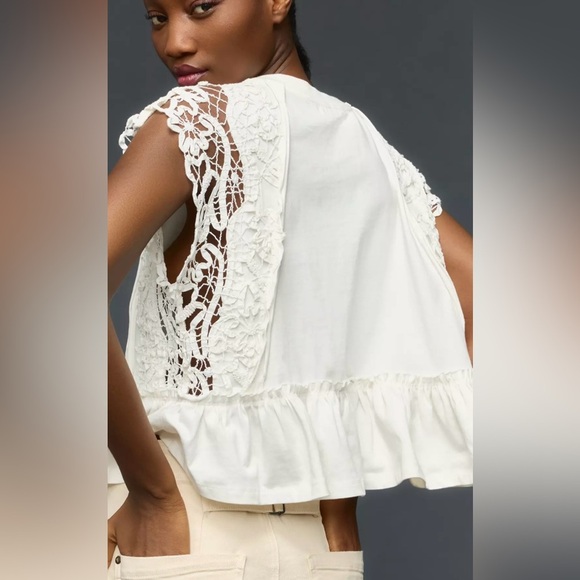 Anthropologie Babydoll White Lace Sleeve Tee,  Relaxed and Boxy Fit, Size XXS - Picture 3 of 13